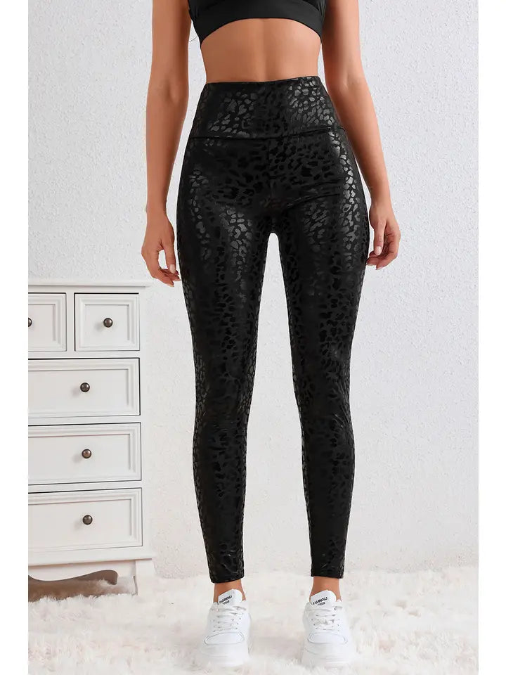 High Quality Black Shiny Leopard Textured Leggings