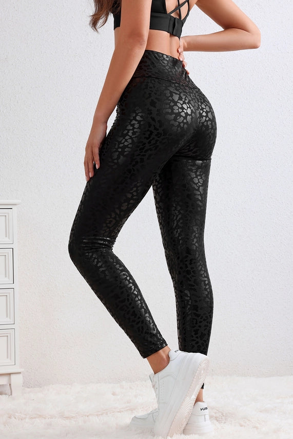 High Quality Black Shiny Leopard Textured Leggings