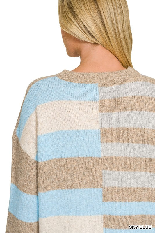 Lightweight Wool Blend Color Block Sweater