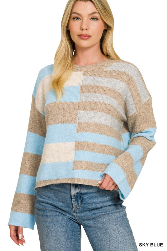 Lightweight Wool Blend Color Block Sweater