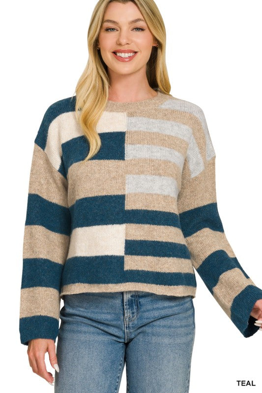 Lightweight Wool Blend Color Block Sweater