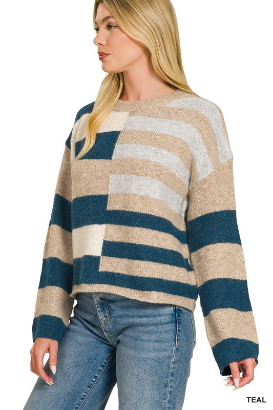 Lightweight Wool Blend Color Block Sweater