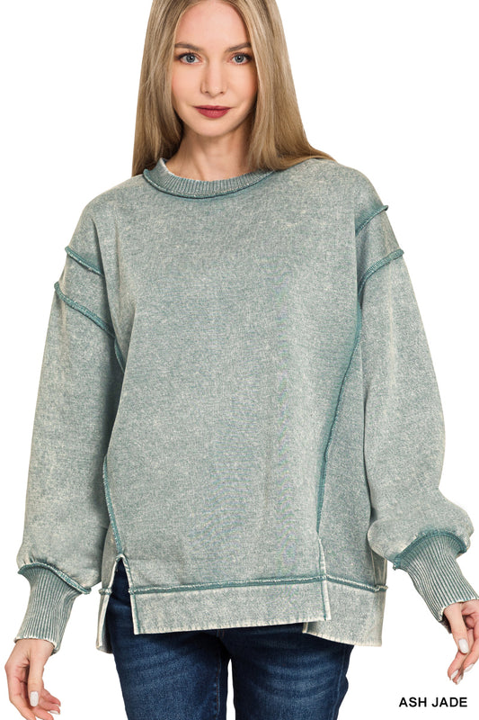 Acid Wash Exposed-Seam Fleece Sweatshirt