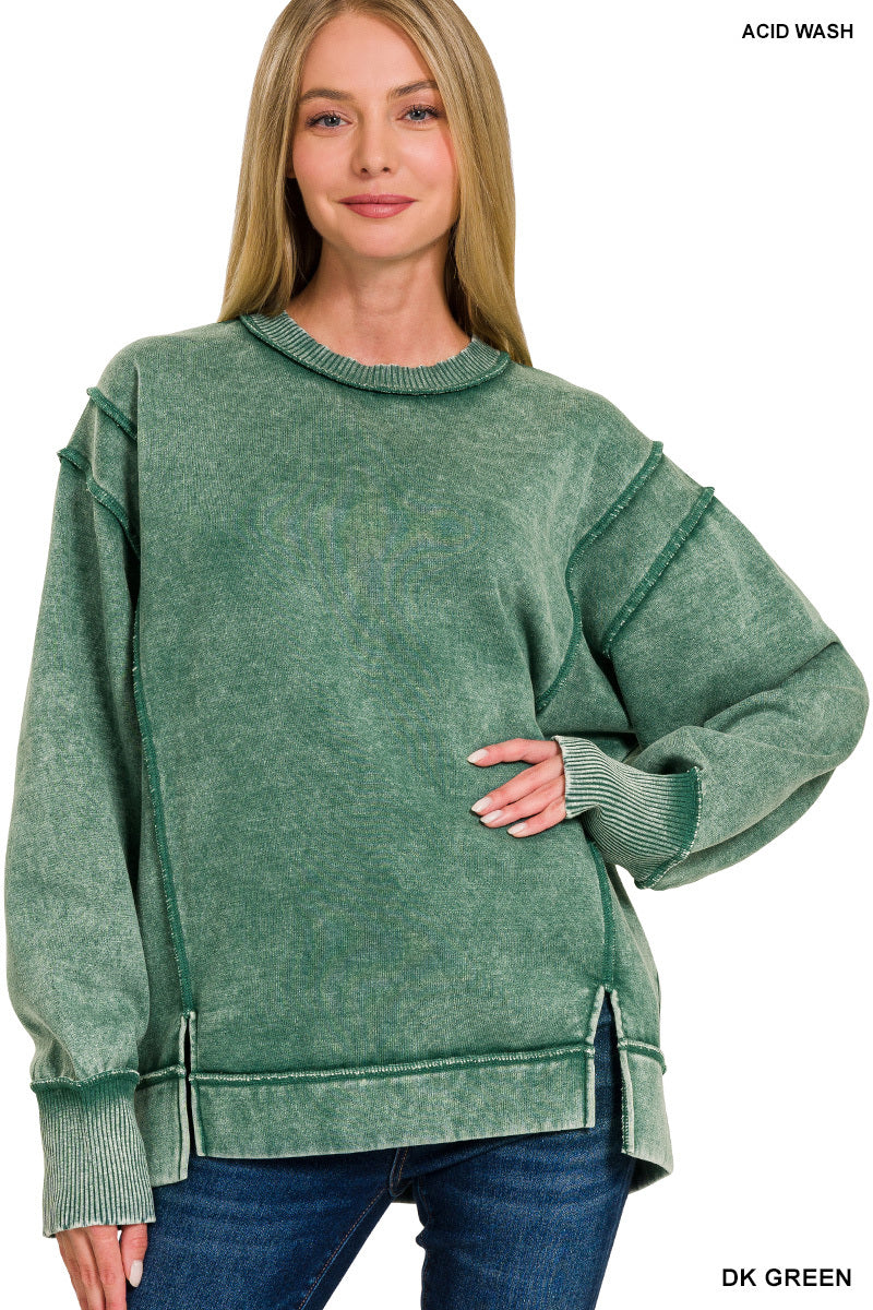 Acid Wash Exposed-Seam Fleece Sweatshirt