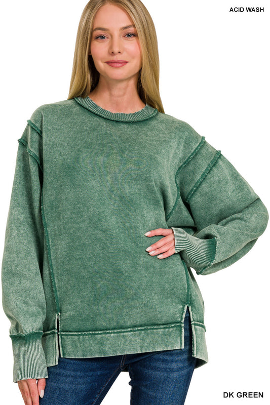 Acid Wash Exposed-Seam Fleece Sweatshirt