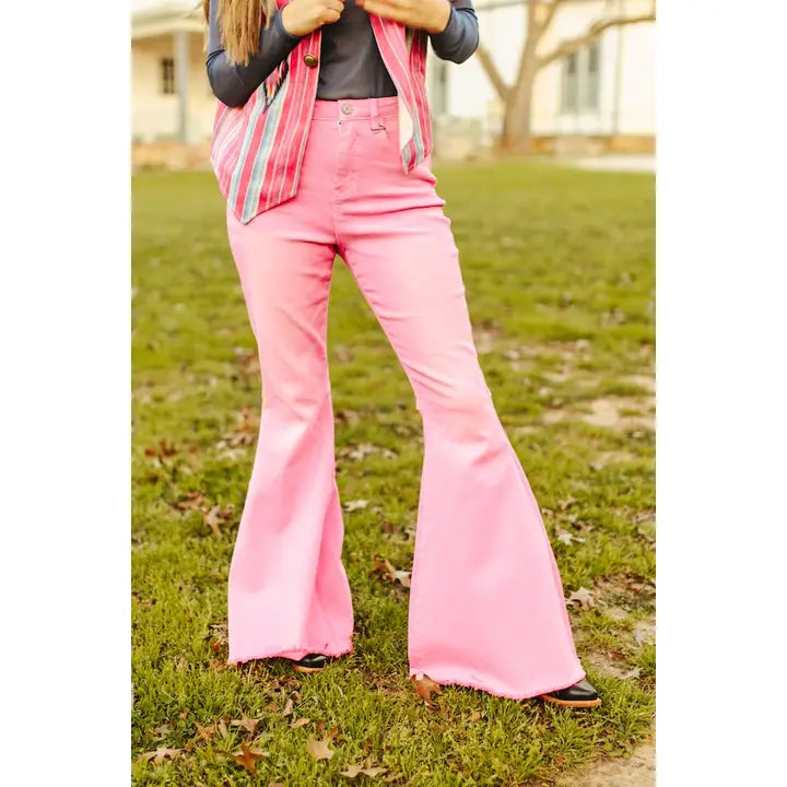 Plus Size Pink Denim Tummy Control Flare Jeans