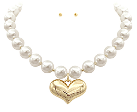 Puffy Heart and Pearl Bead Necklace Set