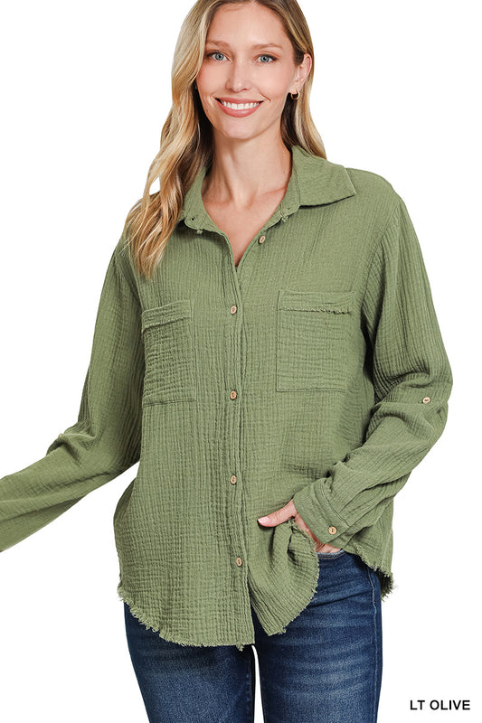 DOUBLE GAUZE BUTTON DOWN ROLL-UP LONG SLEEVE SHIRT