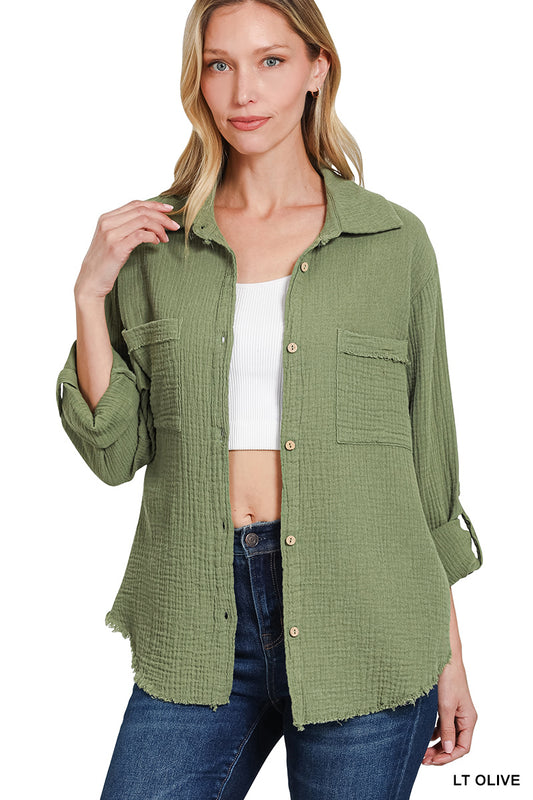 DOUBLE GAUZE BUTTON DOWN ROLL-UP LONG SLEEVE SHIRT
