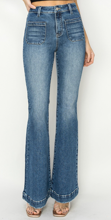 RISEN HIGH-RISE PATCHED POCKET FRONT FLARE JEANS