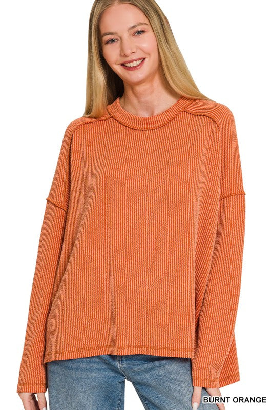 Raised Rib Raw Edge Boat Neck Long Sleeve Top