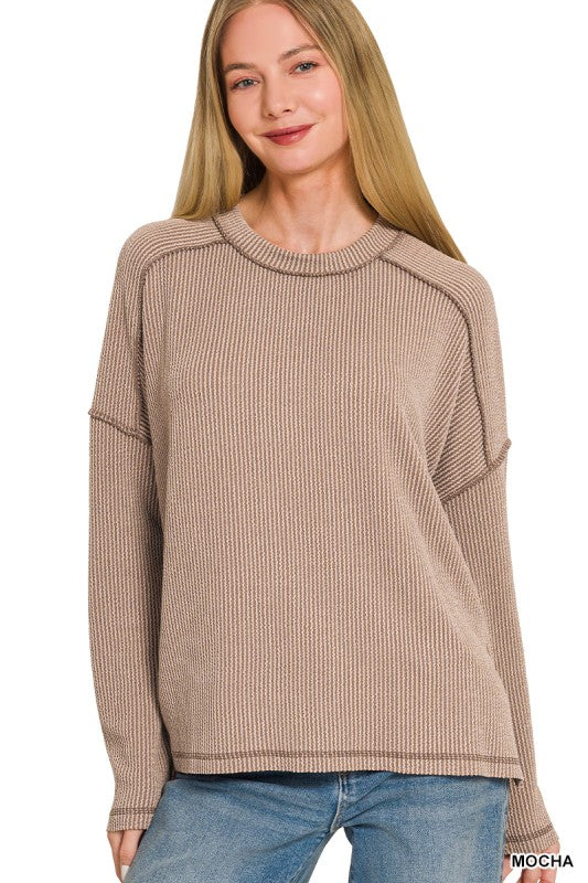 Raised Rib Raw Edge Boat Neck Long Sleeve Top