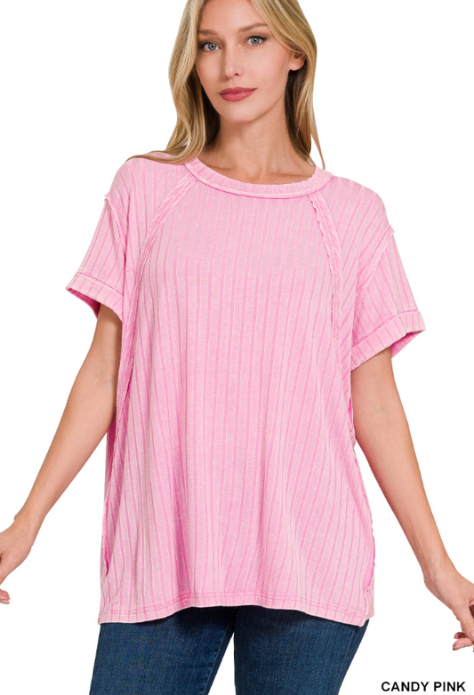 ACID WASHED RIBBED SHORT SLEEVE BOAT-NECK TOP
