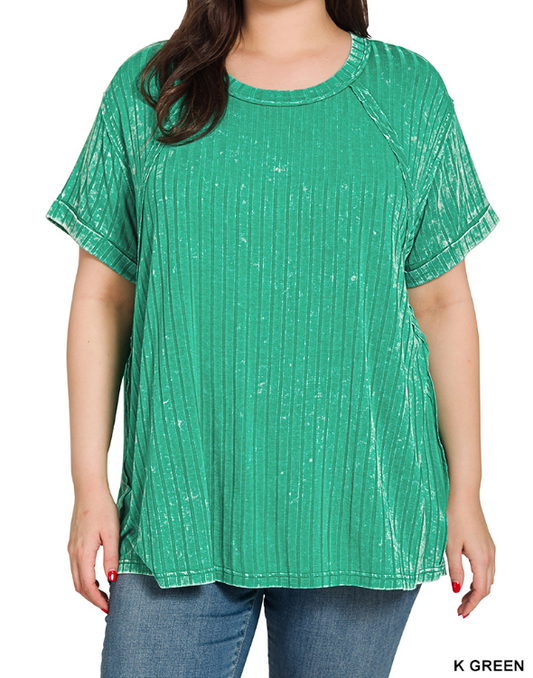 Plus acid washed ribbed short sleeve boat-neck top