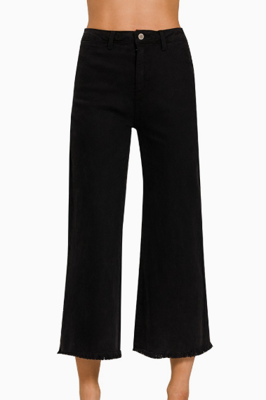 Acid Washed High Waist Frayed Hem Straight Pants
