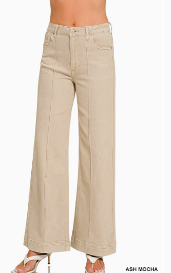 High Rise Wide Leg Pintuck Color Denim Pants