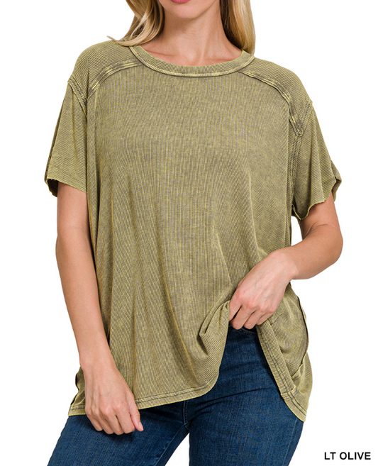 ACID WASHED RIBBED SHORT SLEEVE BOAT NECK TOP
