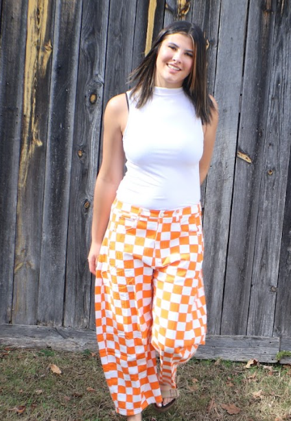 Checkered Printed Barrel Denim Pants