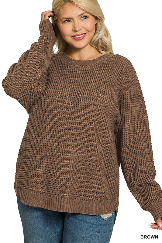 Hi-Low Long Sleeve Round Neck Waffle Sweater