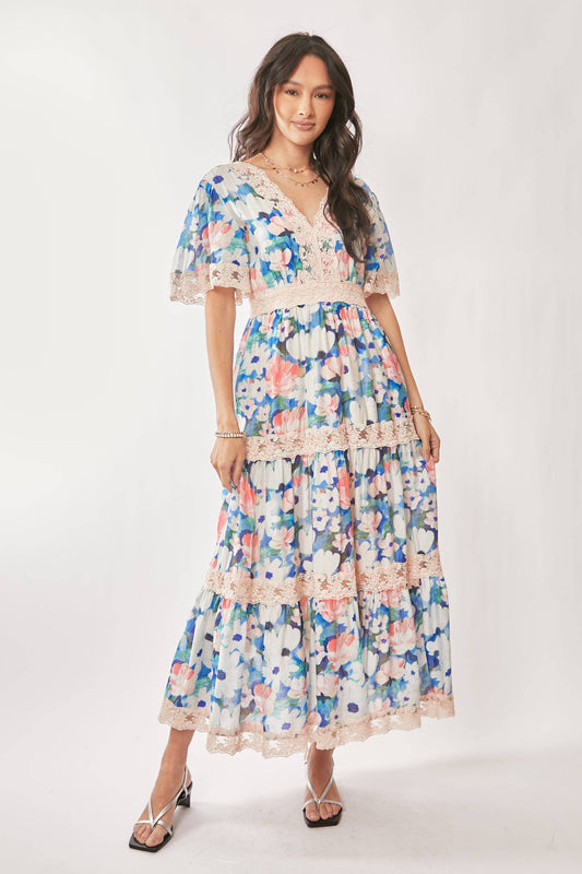 WATER PAINTING FLORAL ZIPPERED MAXI DRESS