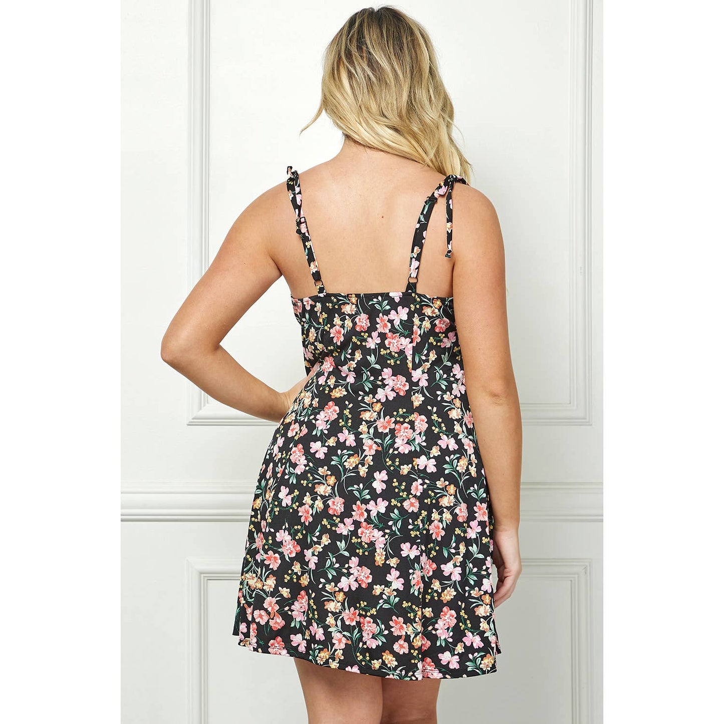 FIT AND FLARE TIE SHOULDER DRESS