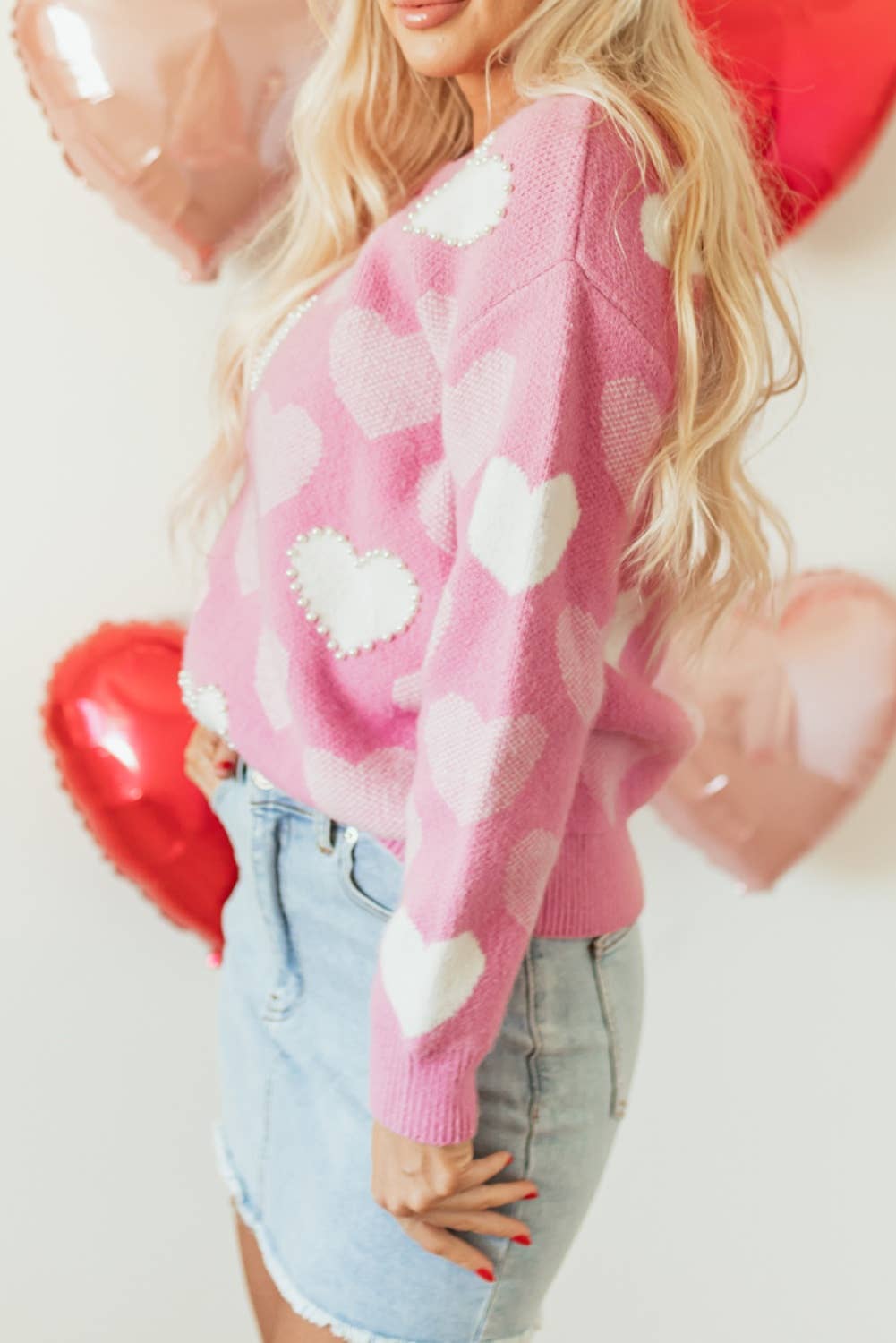 Pearled Heart Print Valentines Crew Neck Sweater
