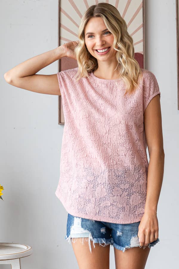 Allover Floral Semi-Sheer Lace Short Sleeve Top