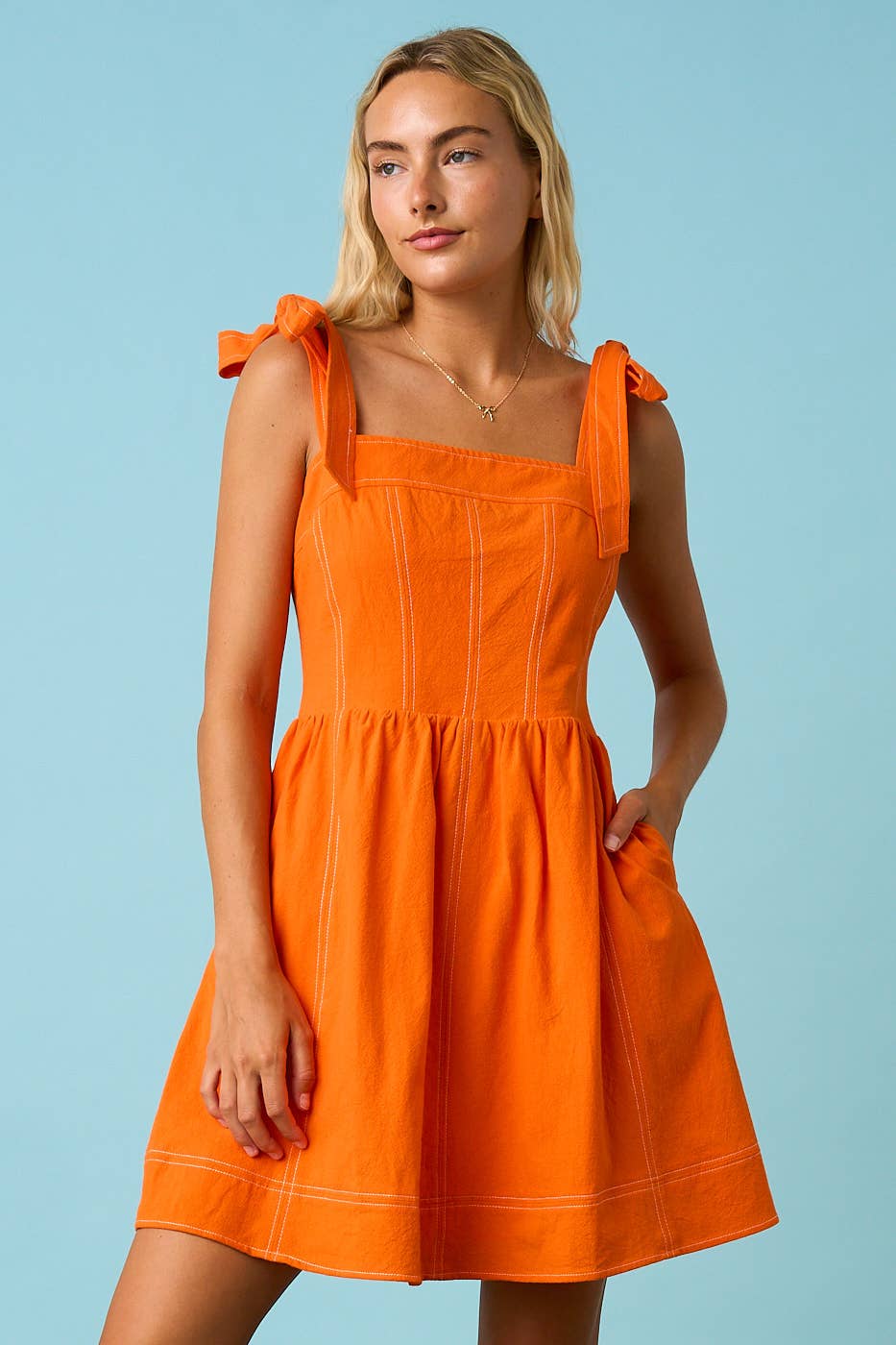 GAME DAY CONTRAST STITCH TIE SHOULDER MINI DRESS