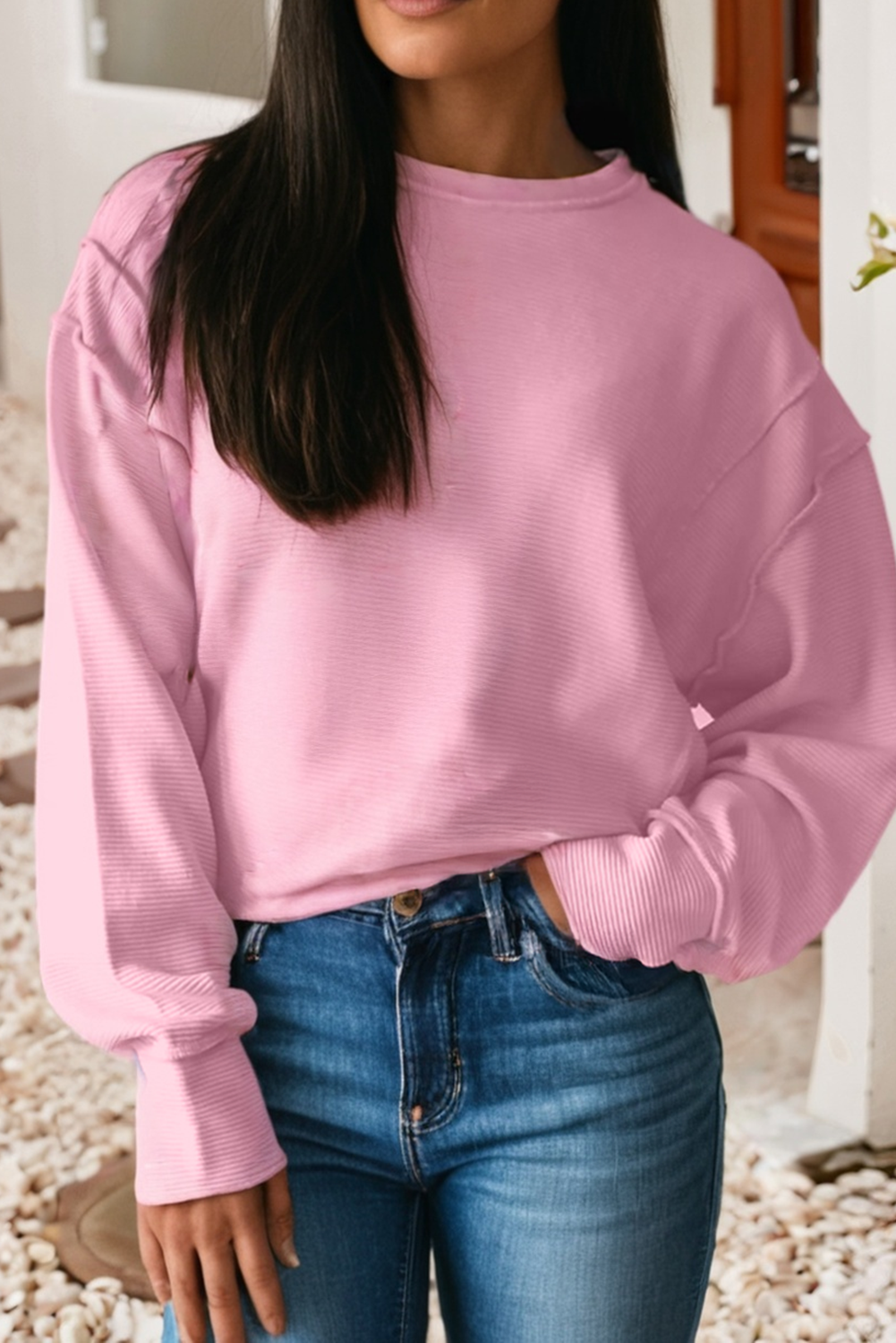 Ribbed Exposed Seam Detail Drop Shoulder