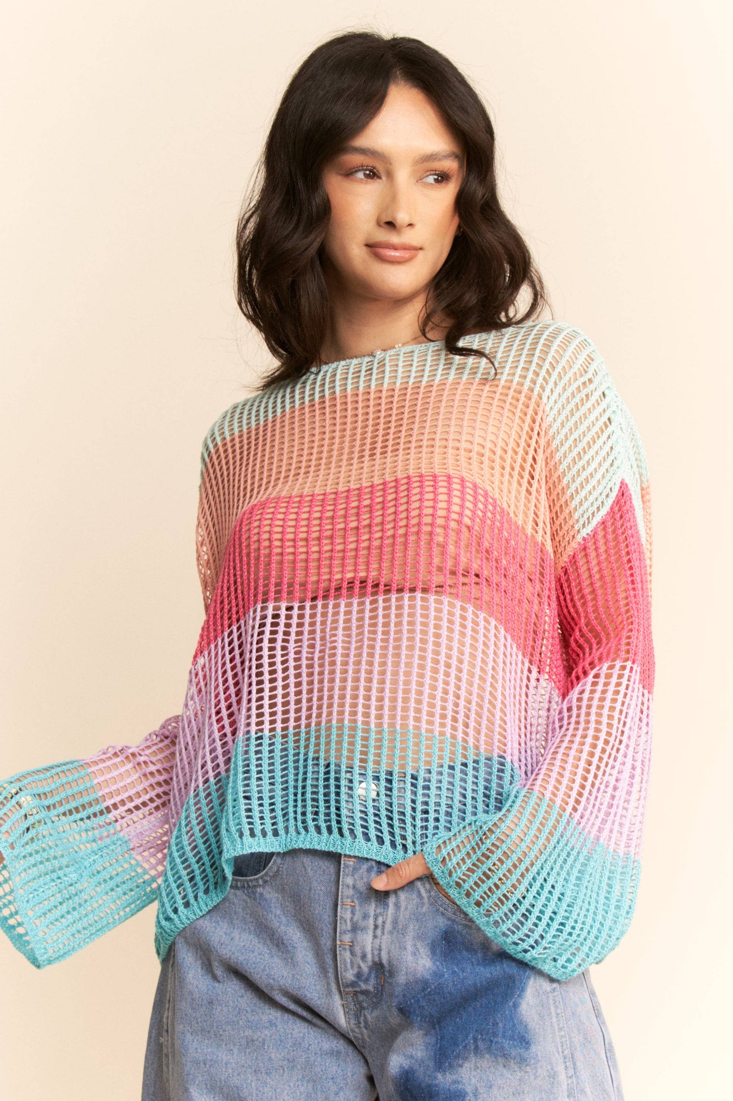 STRIPED WIDE OPENING SLEEVE PULLOVER COVER UP TOP