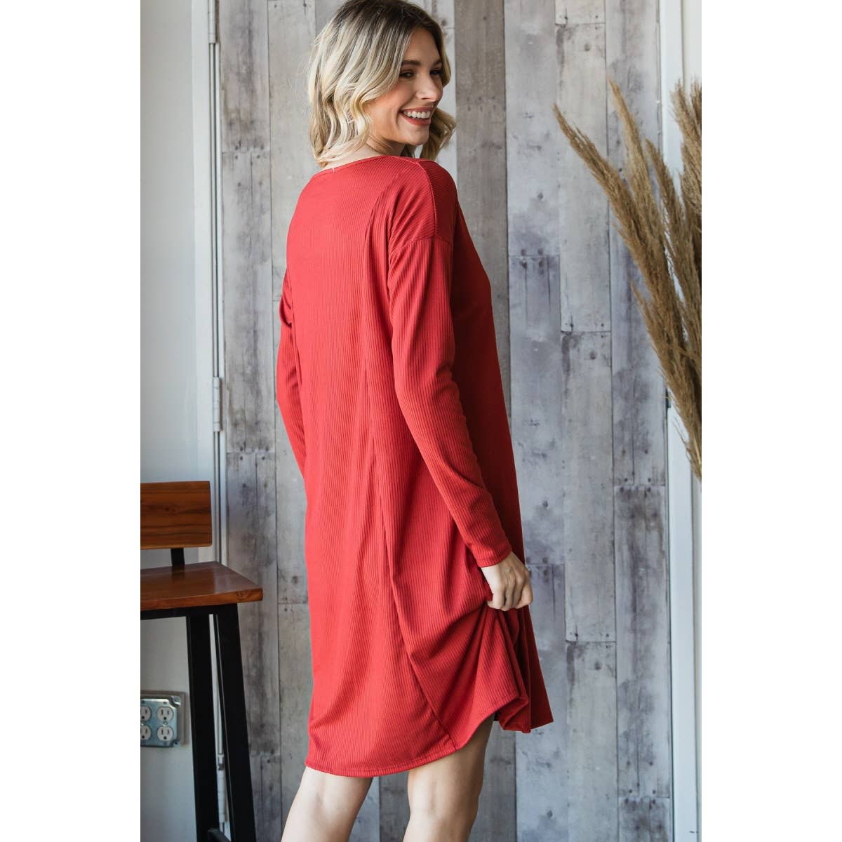 Ribbed Front Button Trim V Neckline Dress