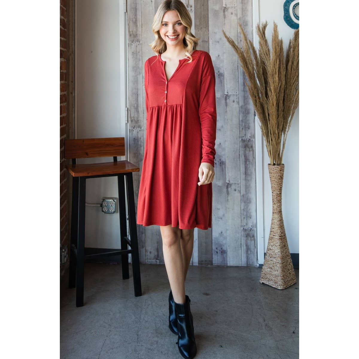 Ribbed Front Button Trim V Neckline Dress