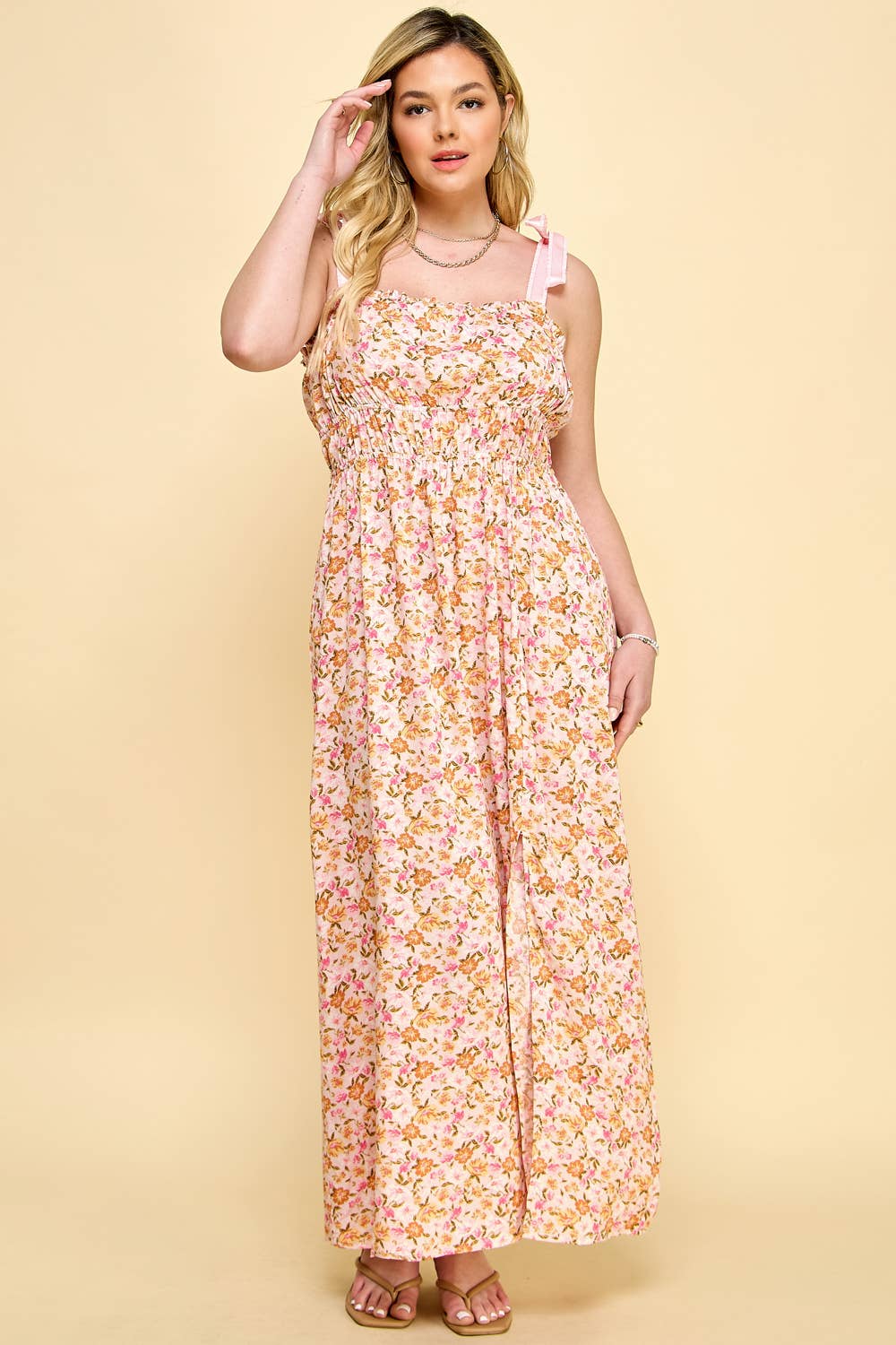 PLUS SIZE SHOULDER TIE SMOCKED MAXI DRESS