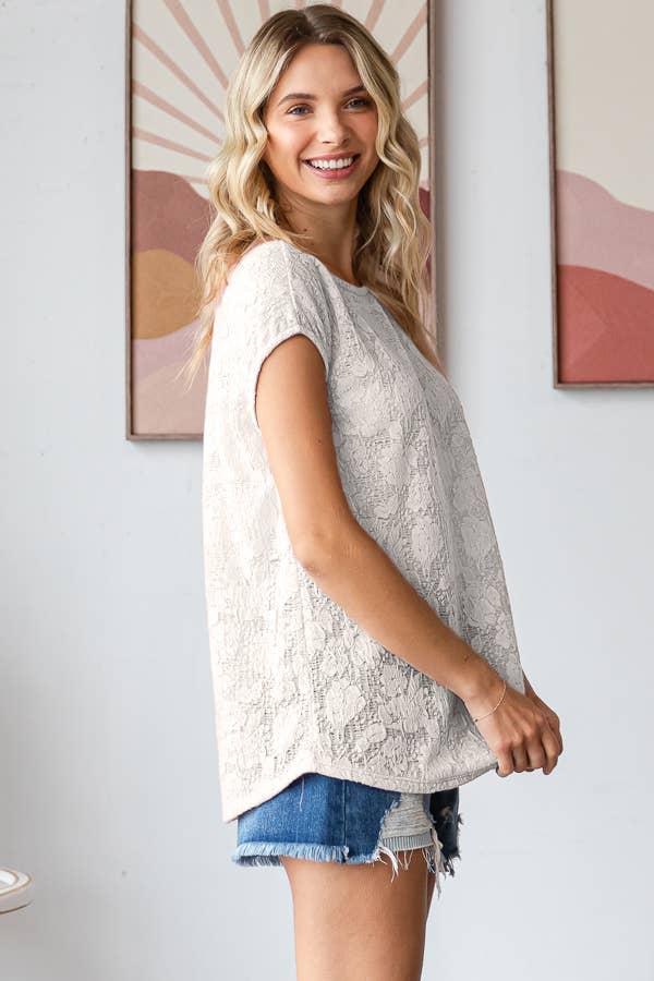 Allover Floral Semi-Sheer Lace Short Sleeve Top