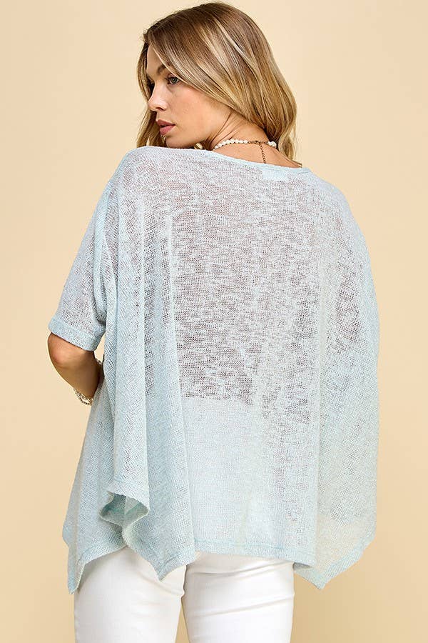 Women's Solid Sheer Dolman Short Sleeve Pancho, Light Blue