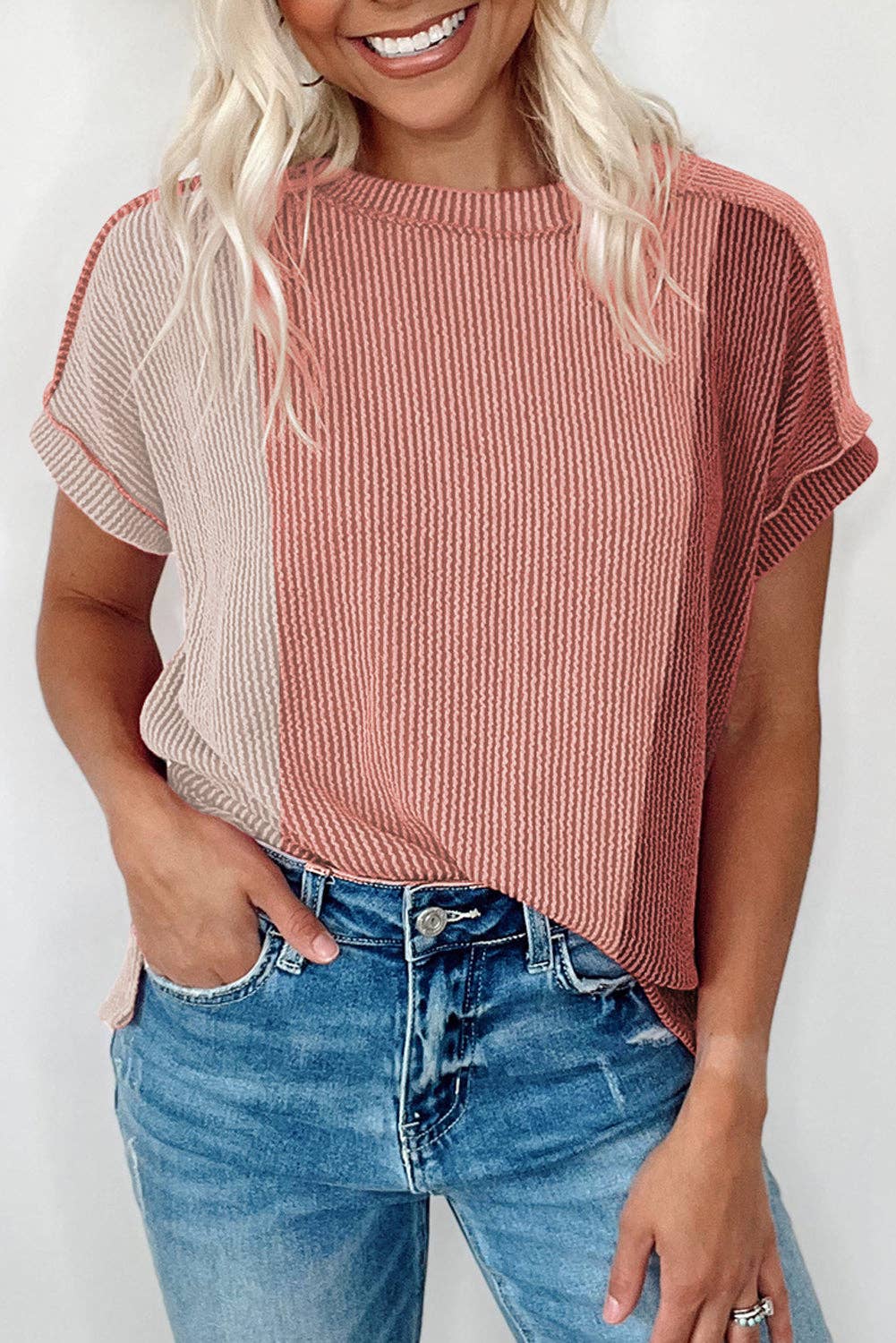 Colorblock Corded Texture Crewneck T-Shirt