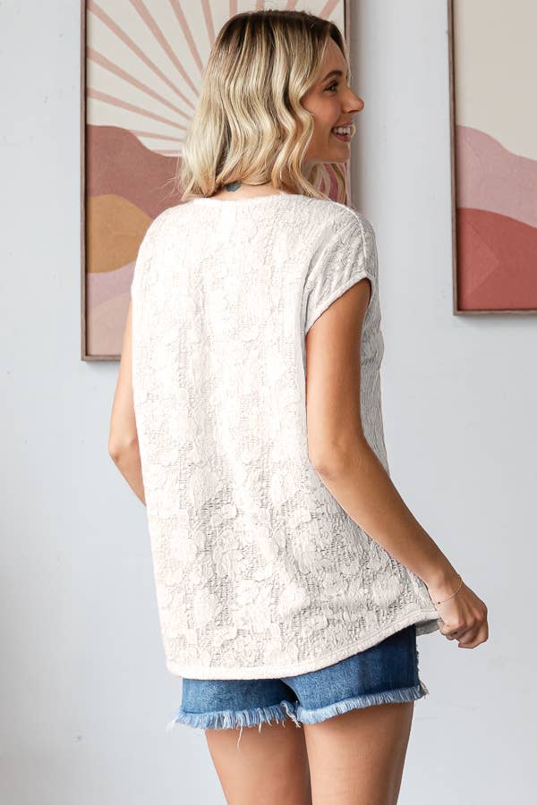 Allover Floral Semi-Sheer Lace Short Sleeve Top