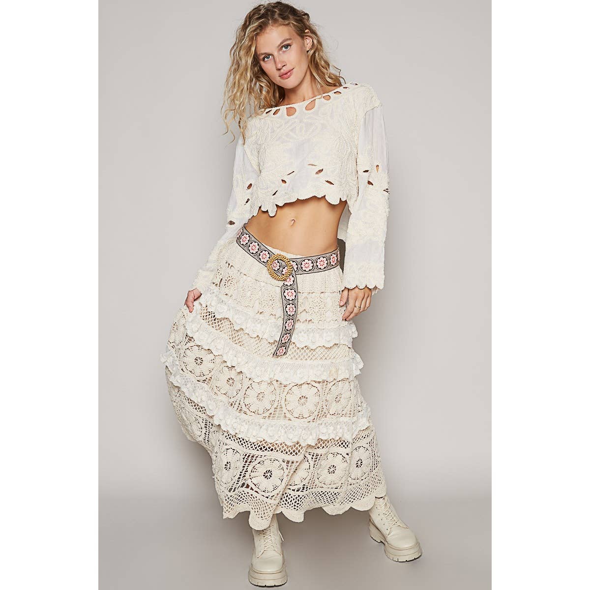 Cropped Long Sleeve Solid Crochet Top
