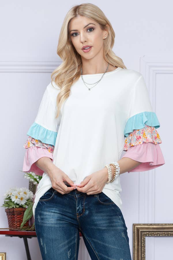 COLOR BLOCK RUFFLE SLEEVE TOP