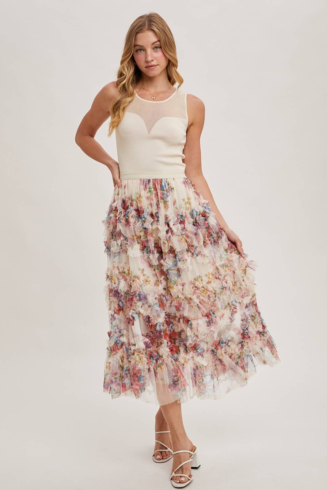 FLORAL RUFFLED MESH MIDI SKIRT