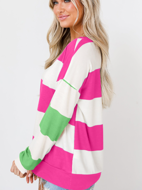 Colorblock Striped Drop Shoulder Long Sleeve Top