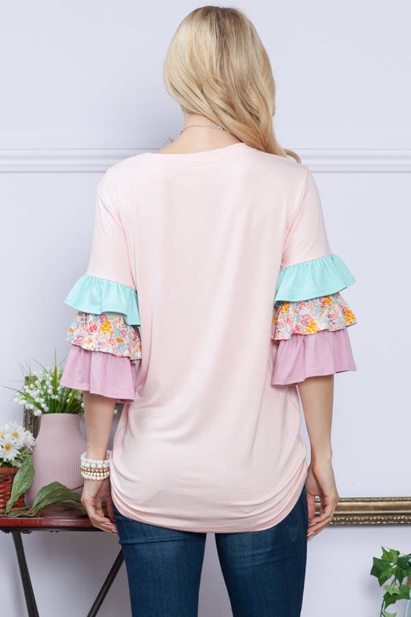 COLOR BLOCK RUFFLE SLEEVE TOP
