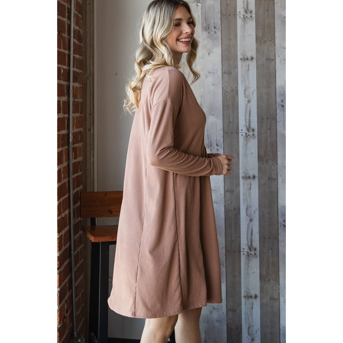 Ribbed Front Button Trim V Neckline Dress