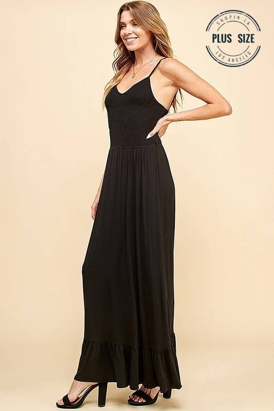 Plus Size Solid Sleeveless Smocked Maxi Dress, Black