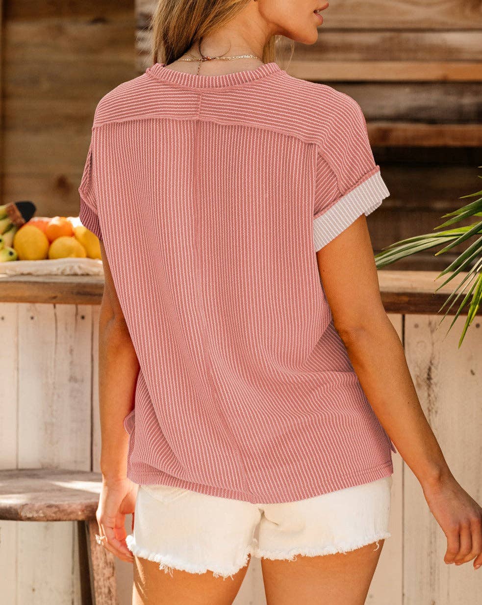 Colorblock Corded Texture Crewneck T-Shirt