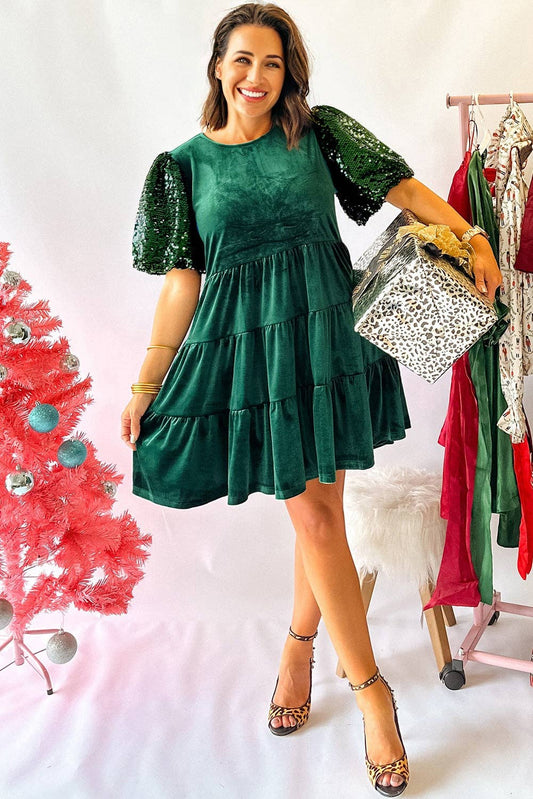 Evergreen Sequin Puff Sleeve High Waist Tiered Velvet Mini Dress