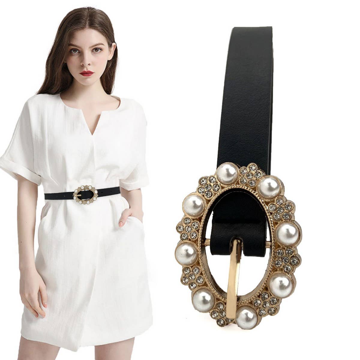 PEARL RHINESTONE THIN BELT WAIST BELT