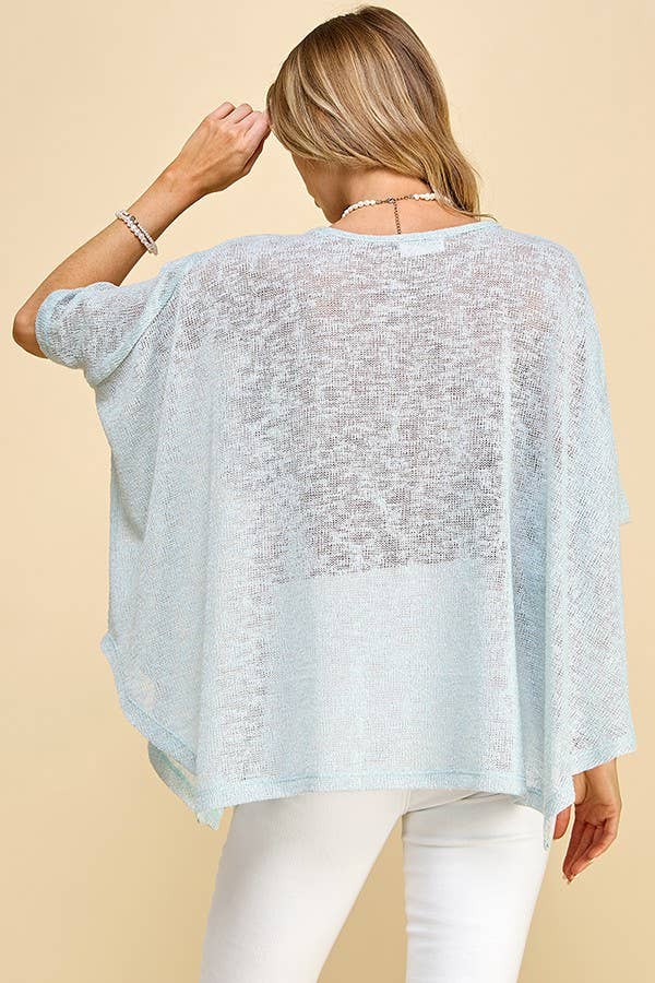 Women's Solid Sheer Dolman Short Sleeve Pancho, Light Blue