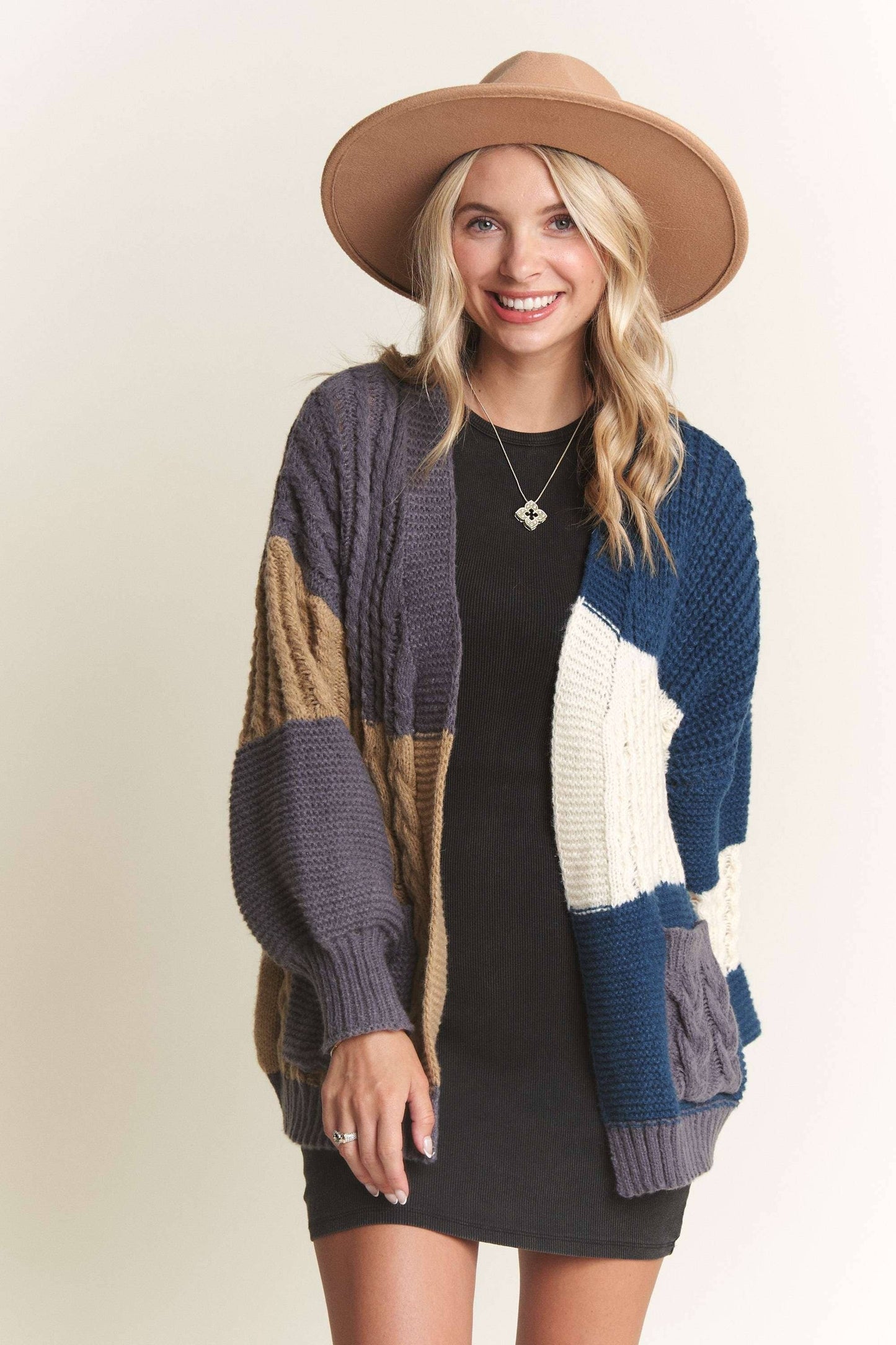 Puff Sleeves Colorblock Sweater Cardigan