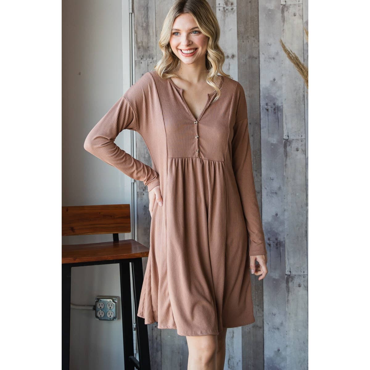 Ribbed Front Button Trim V Neckline Dress